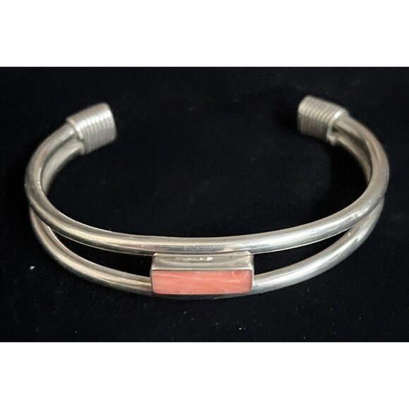 Estate Jewelry - Vintage Sterling Silver Pink Rhodochrosite Modernist Cuff Bracelet 25.8g